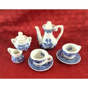 Vintage Dollhouse Tea Coffee Set Ceramic Blue White Asian Willow Landscape 1:12